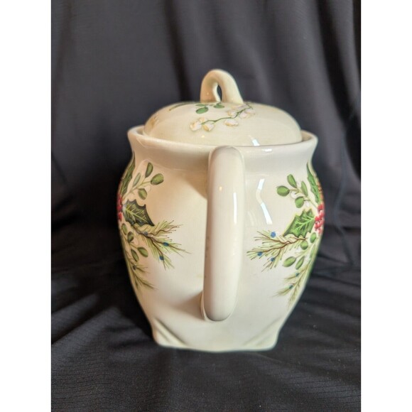 Harry and David Teapot Floral Pinecone Holly Berry Holiday Pattern 8"t Beautiful - Picture 2 of 11
